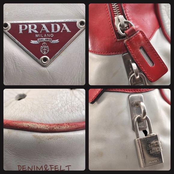 Prada Vintage White/ Red Leather 2000’s Bowling Bag/Perforated Vitello Bag |RARE - Picture 12 of 16
